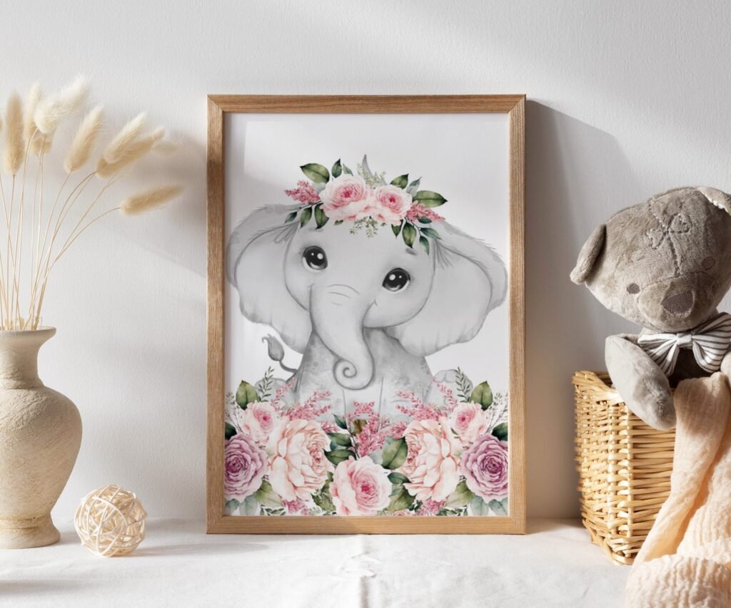 Safari Woodland Elephant Giraffe Bunny Baby Girls, Black & White Pink Flowers Floral Nursery Prints set of 1