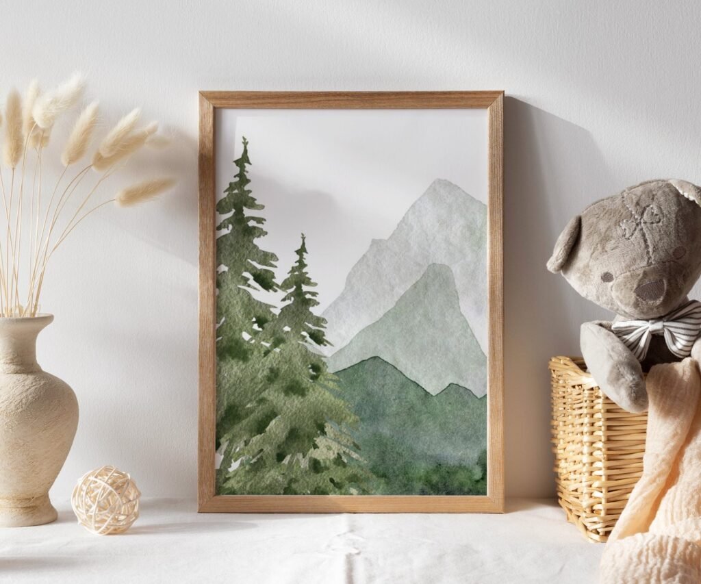 mountain, nursery wall art, tree nursery adventure nursery, forest, sage green,woodland animals set of 1