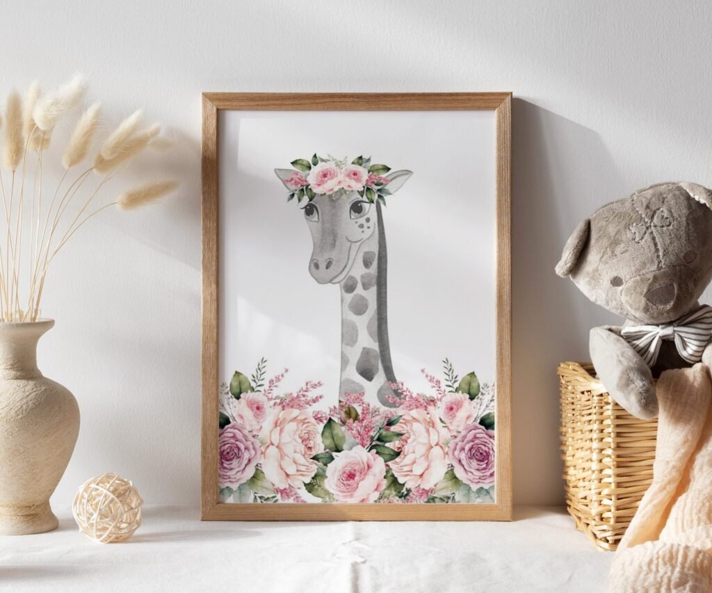 Safari Woodland Elephant Giraffe Bunny Baby Girls, Black & White Pink Flowers Floral Nursery Prints set of 1