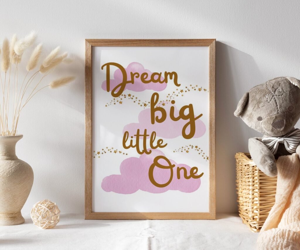 Girl pink and gold, dream big little one, cloud and stars, moon and star set of 1
