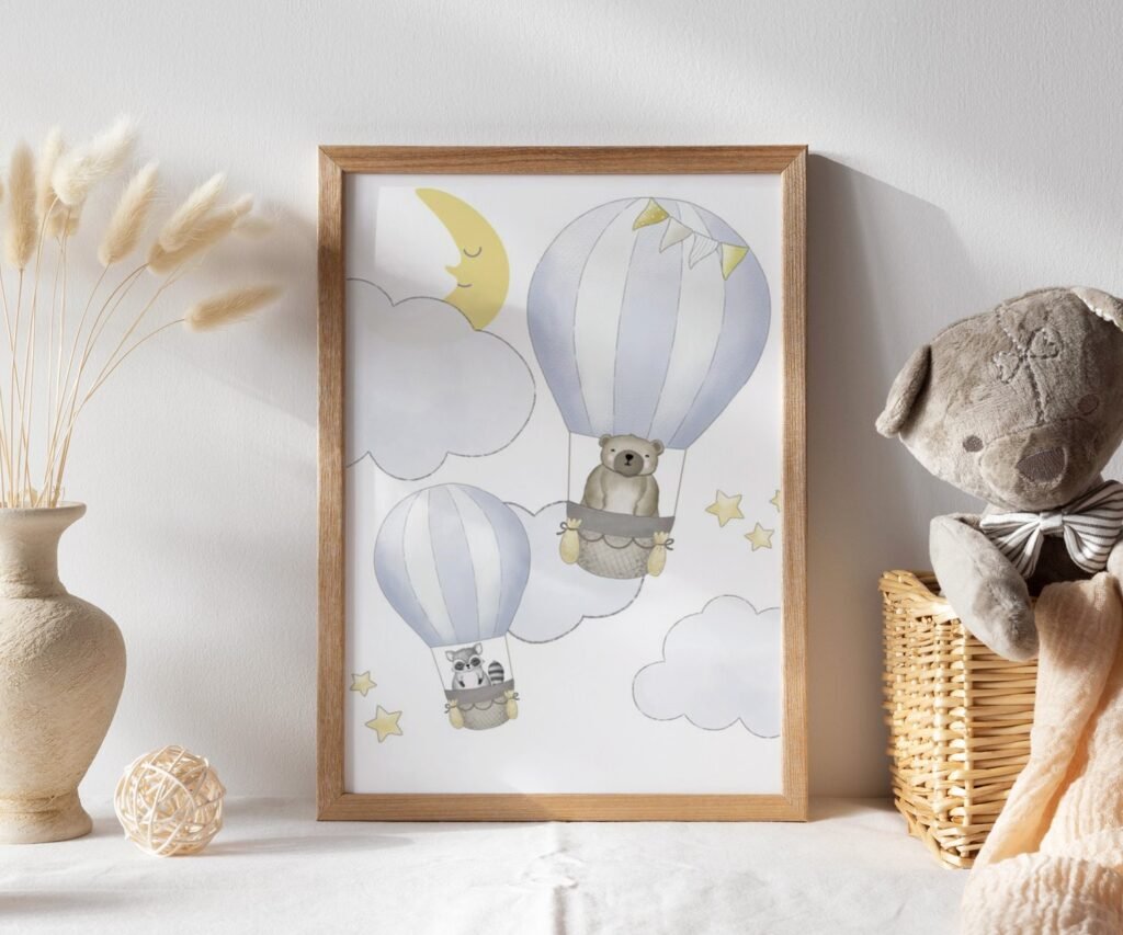Blush, hot air balloon, woodland animals, set of 1
