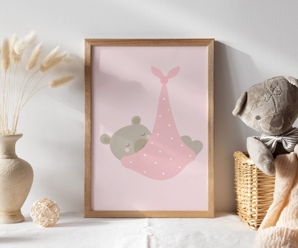 Girl Nursery wall art animals, pink baby room decor, bear, elephant, giraffe, safari animals set of 1