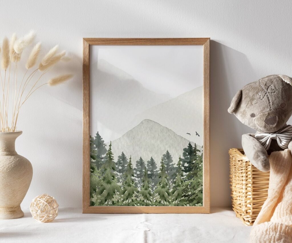 Mountain, woodland, sage green, adventure nursery forest nursery, tree set of 1