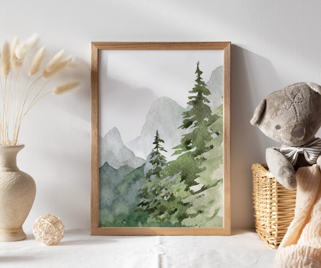 mountain, nursery wall art, tree nursery adventure nursery, forest, sage green,woodland animals set of 1
