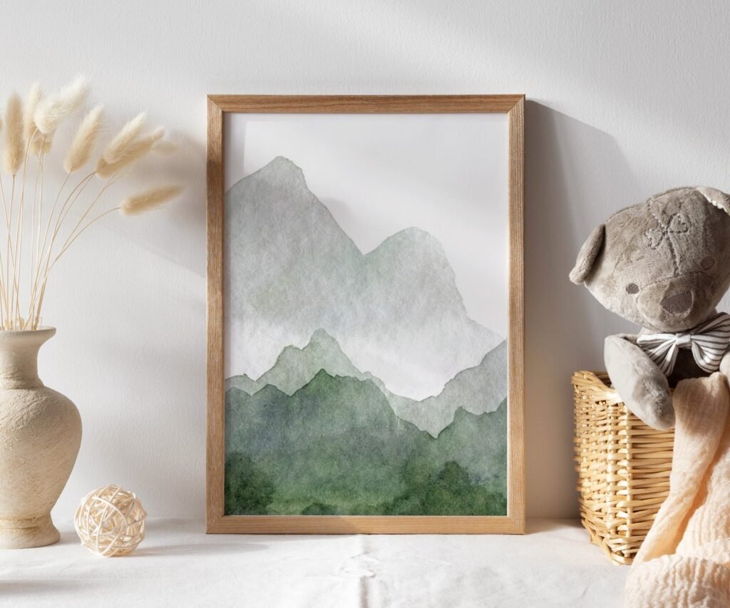 mountain, nursery wall art, tree nursery adventure nursery, forest, sage green,woodland animals set of 1
