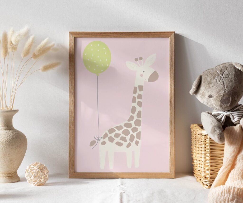 Girl Nursery wall art animals, pink baby room decor, bear, elephant, giraffe, safari animals set of 1