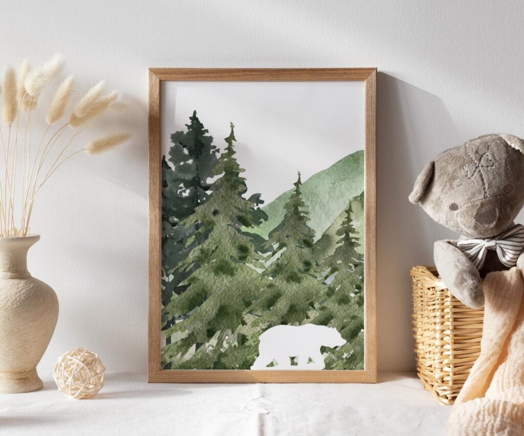 Woodland, mountain, tree nursery decor, adventure theme nursery, forest, sage green, woodland animals set of 1