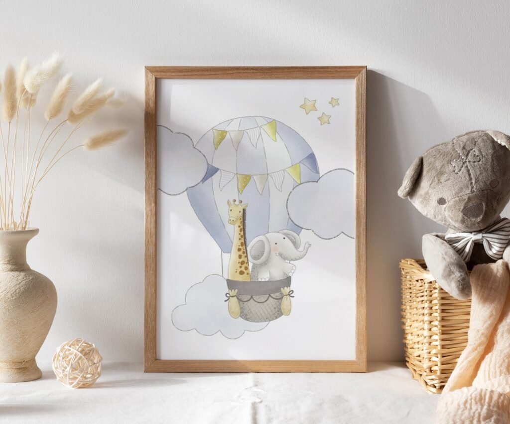 Blush, hot air balloon, woodland animals, set of 1