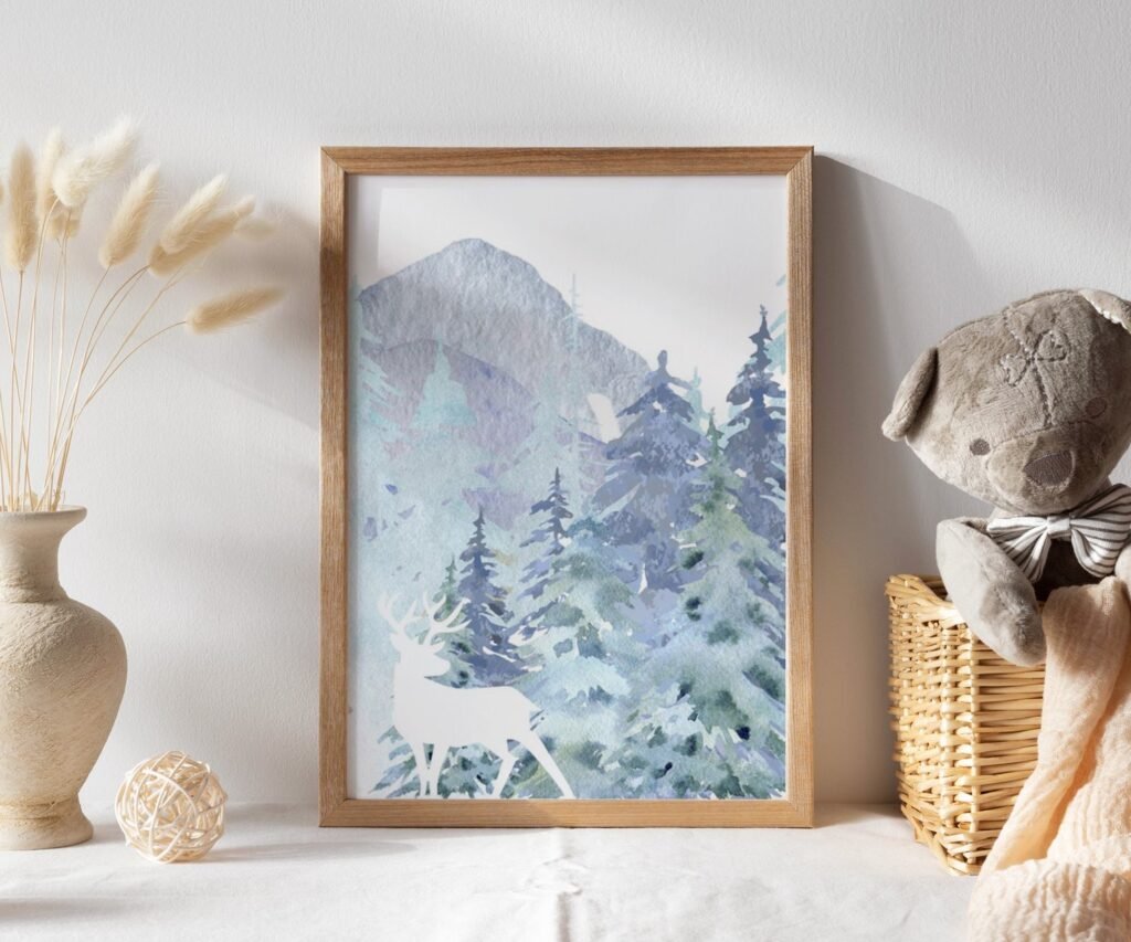 mountain, tree nursery adventure forest, sage green, woodland animals set of 1