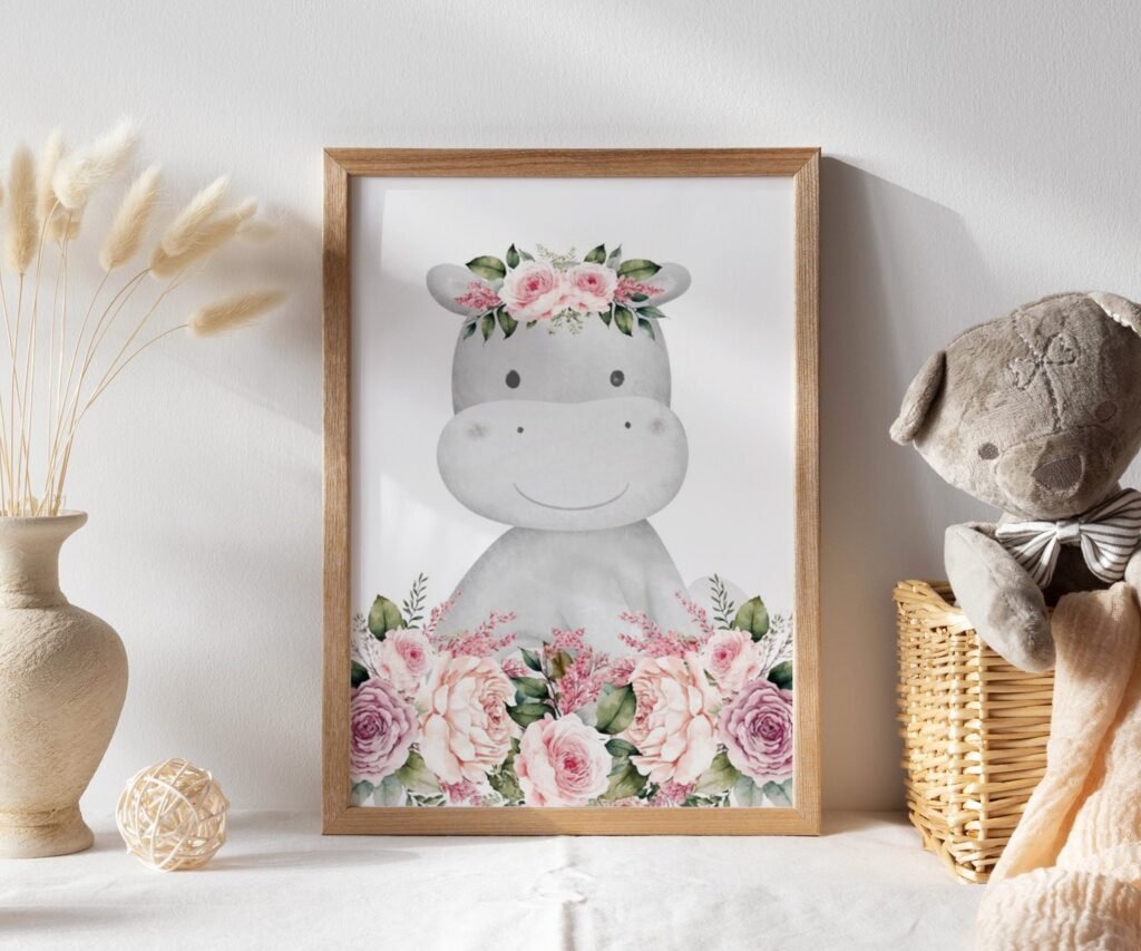 Safari Woodland Elephant Giraffe Bunny Baby Girls, Black & White Pink Flowers Floral Nursery Prints set of 1