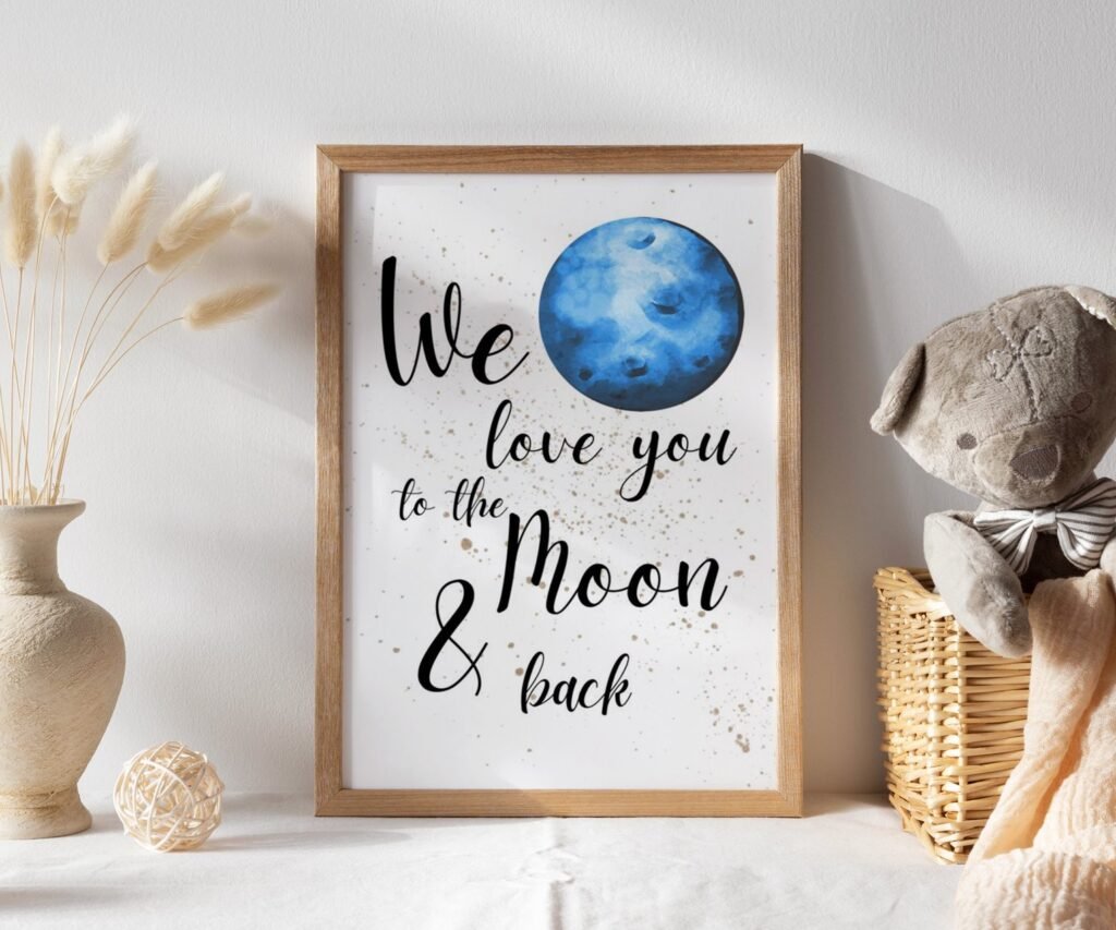 Nursery decor boy navy blue, Nursery wall art boy, moon and stars, we love you to the moon and back set of 1