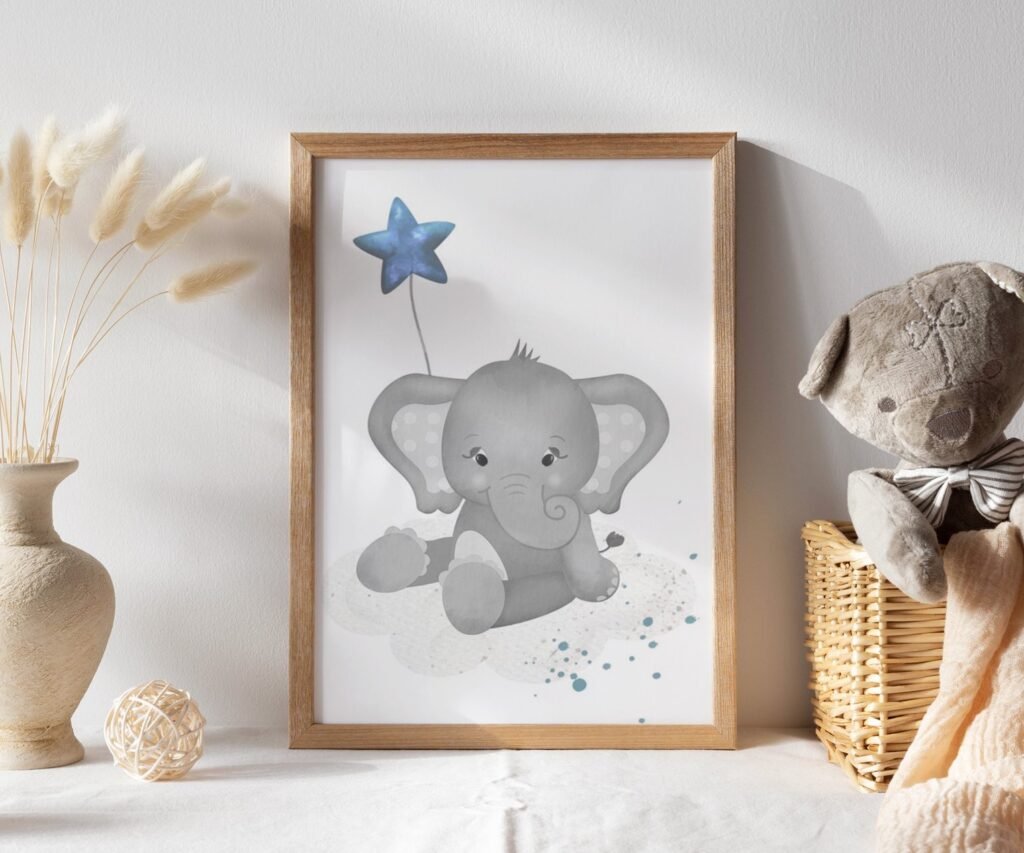 elephant and giraffe, safari animals, navy blue nursery, woodland animal set of 1
