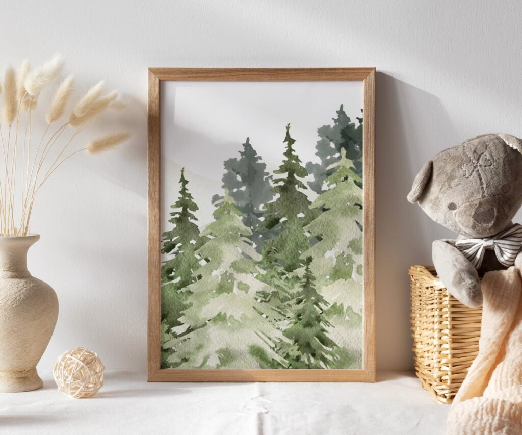 Mountain, woodland, sage green, adventure nursery forest nursery, tree set of 1