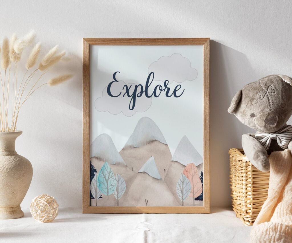 Nursery decor mountain, adventure nursery, travel nursery, gender neutral, explore, hot air balloon, plane set of 1
