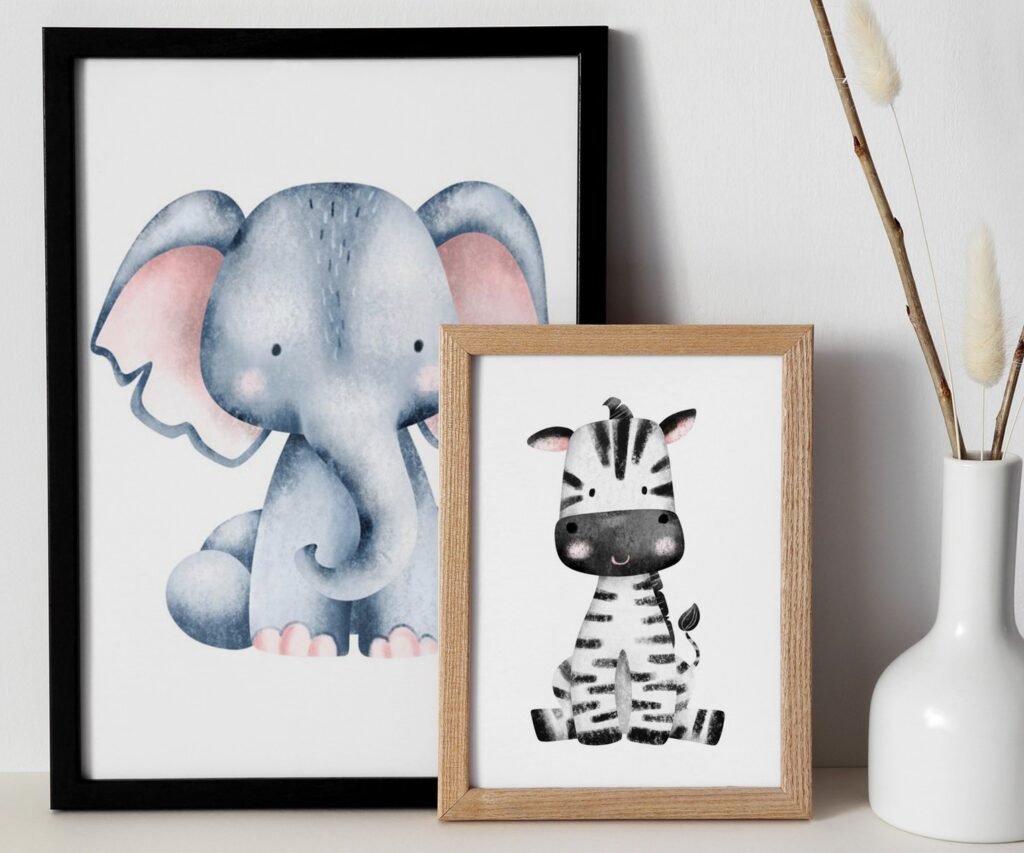 Safari Nursery, Baby animals, zebra elephant giraffe set of 2