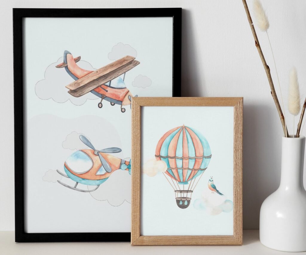 Nursery decor mountain, adventure nursery, travel nursery, gender neutral, explore, hot air balloon, plane set of 2