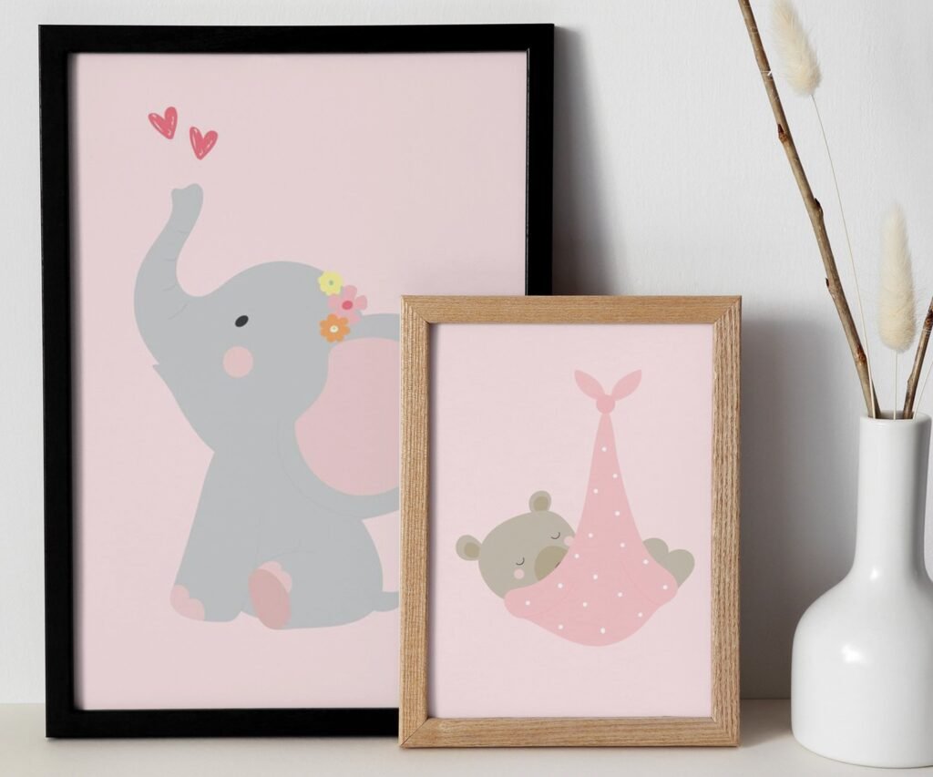 Girl Nursery wall art animals, pink baby room decor, bear, elephant, giraffe, safari animals set of 2