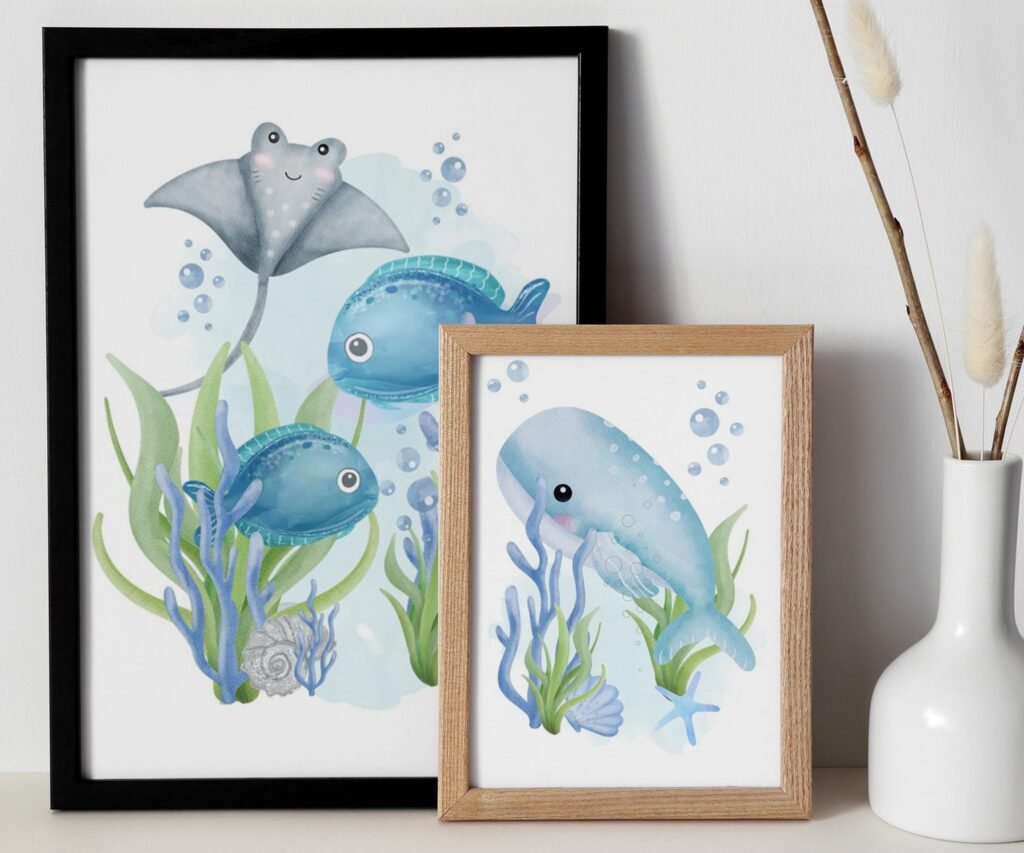 Nautical nursery, Ocean nursery decor, under the sea nursery set of 2