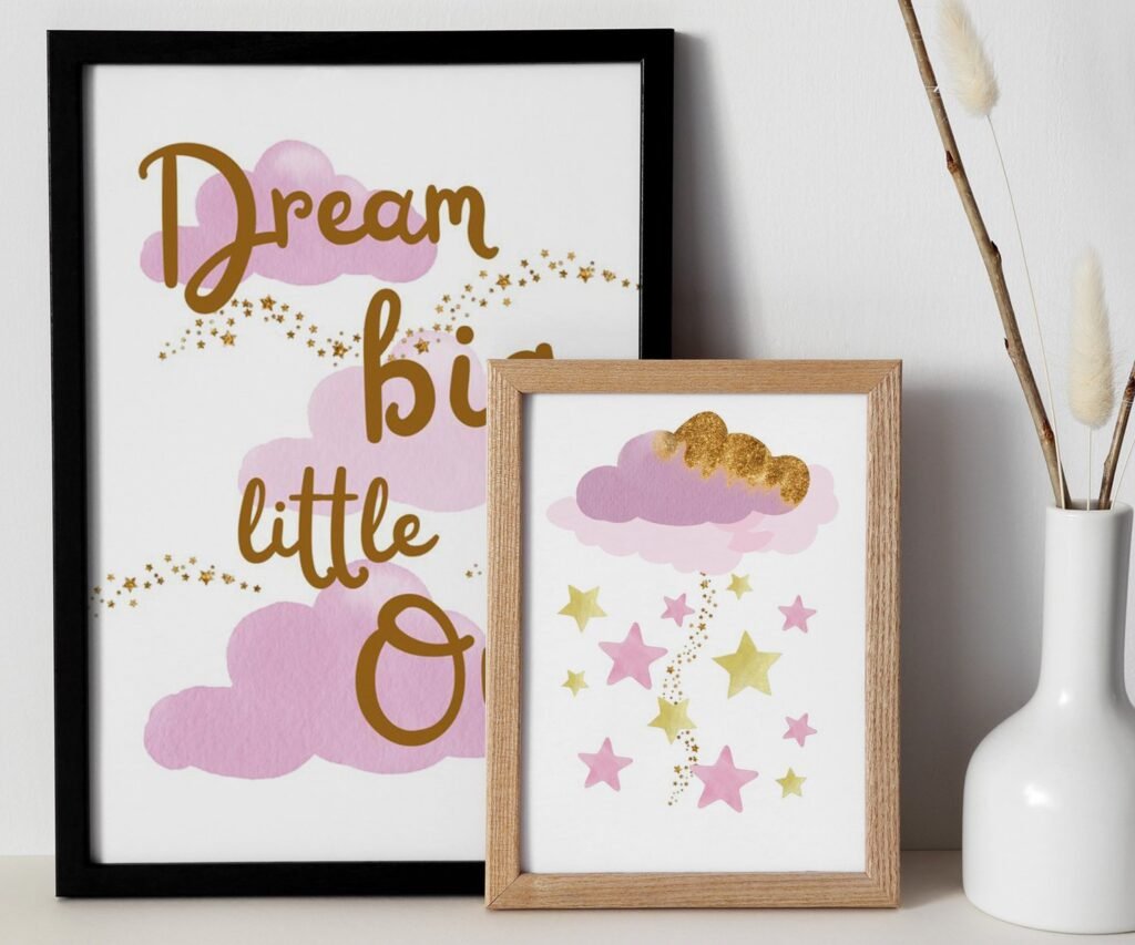 Girl pink and gold, dream big little one, cloud and stars, moon and star set of 2