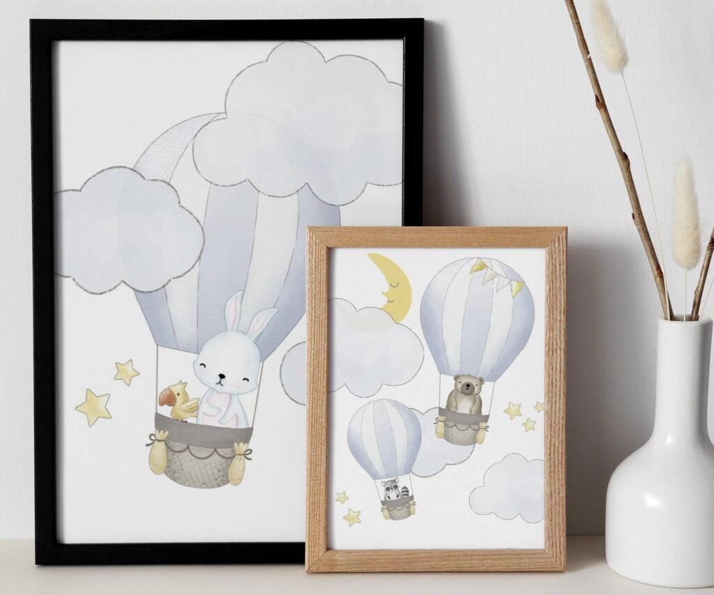 Blush, hot air balloon, woodland animals, set of 2