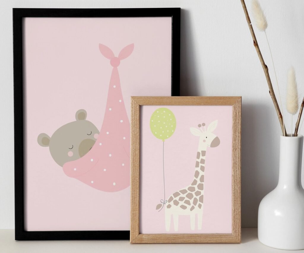 Girl Nursery wall art animals, pink baby room decor, bear, elephant, giraffe, safari animals set of 2