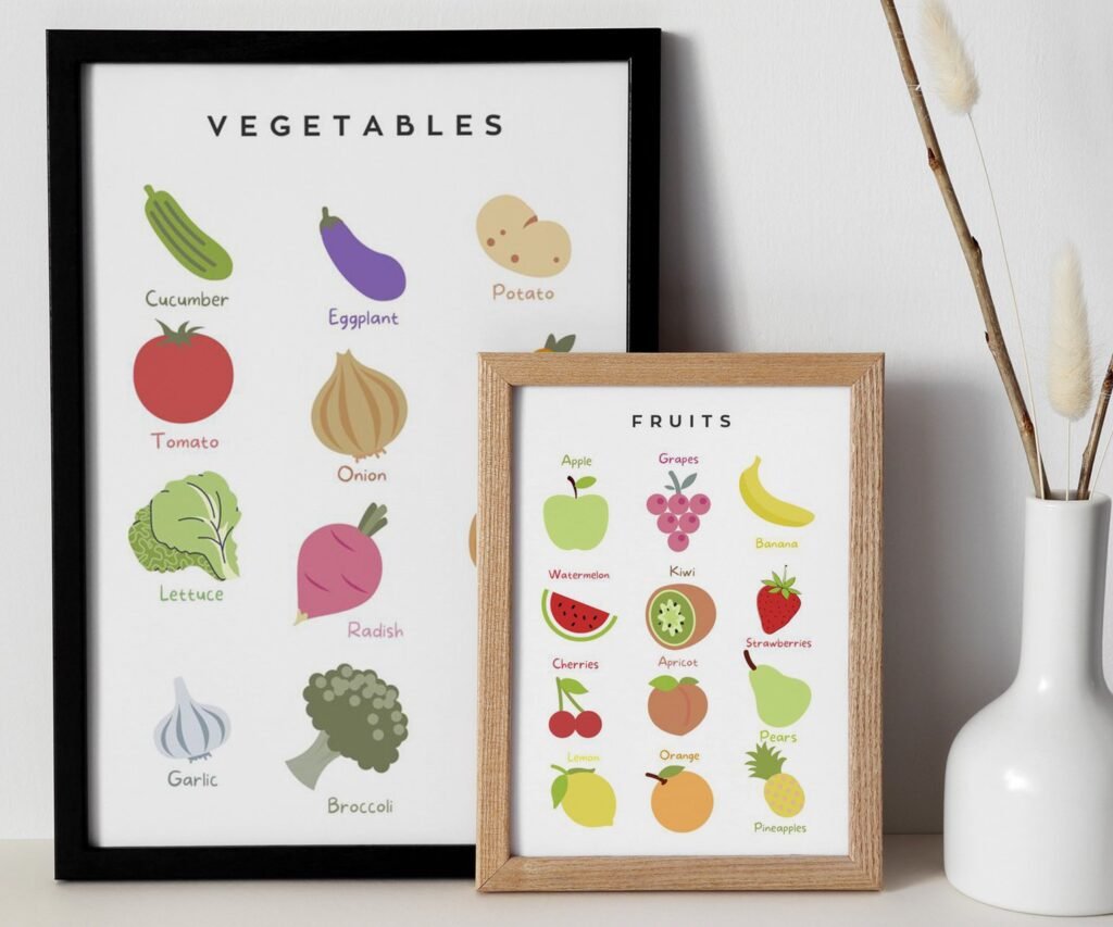 Fruits and vegetables Educational Posters, Homeschool Prints, Montessori Classroom Decor, Neutral Kids Decor, set of 2