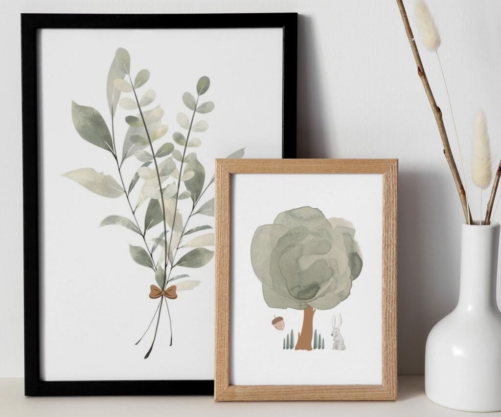 Green water color, set of 2, Boho Olive Green Boho ,woodland print, nature