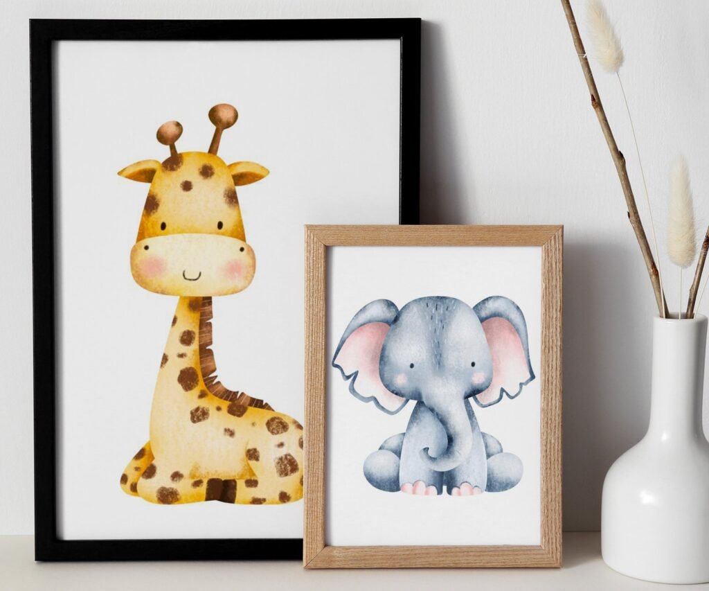 Safari Nursery, Baby animals, zebra elephant giraffe set of 2