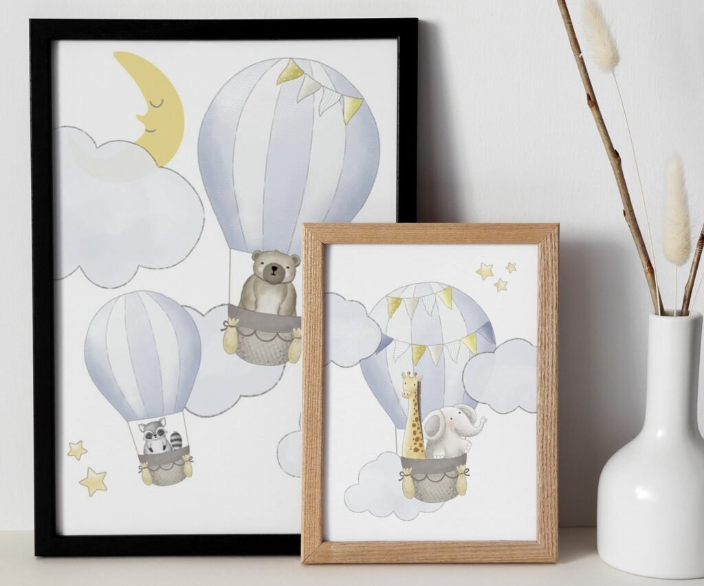 Blush, hot air balloon, woodland animals, set of 2