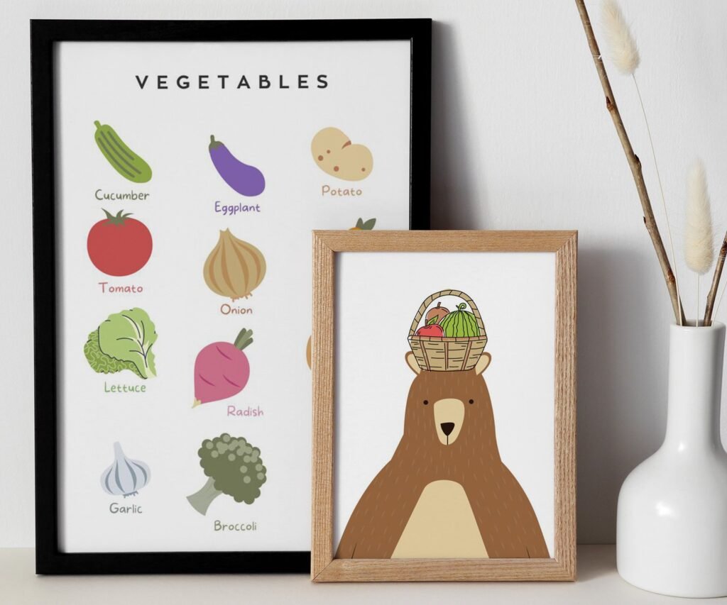 Fruits and vegetables Educational Posters, Homeschool Prints, Montessori Classroom Decor, Neutral Kids Decor, set of 2