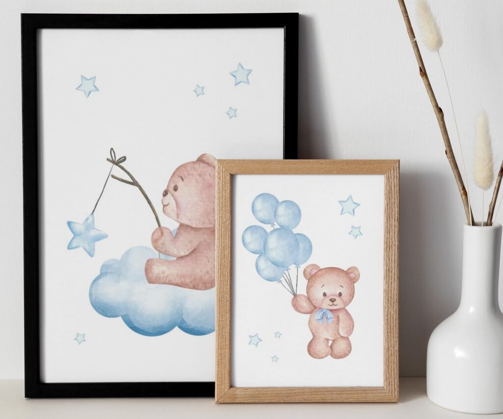 set of 2 Bear Print Nursery, Light Blue Ballon set of 2