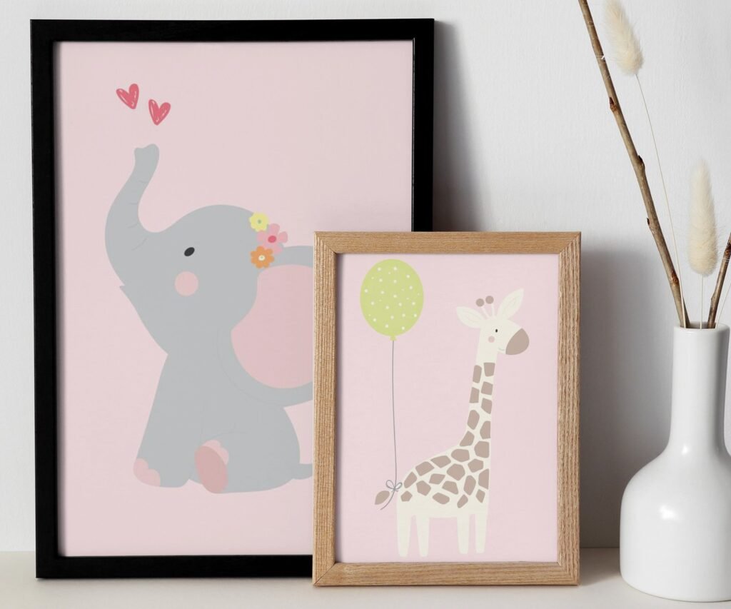 Girl Nursery wall art animals, pink baby room decor, bear, elephant, giraffe, safari animals set of 2