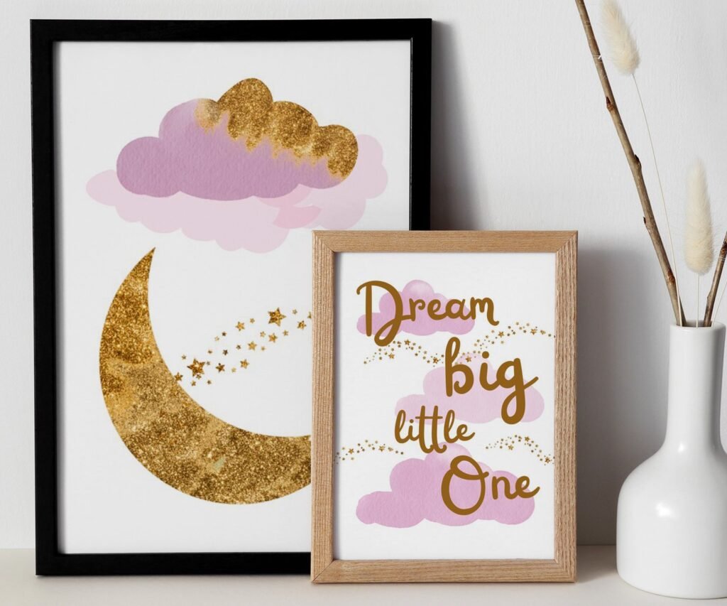 Girl pink and gold, dream big little one, cloud and stars, moon and star set of 2