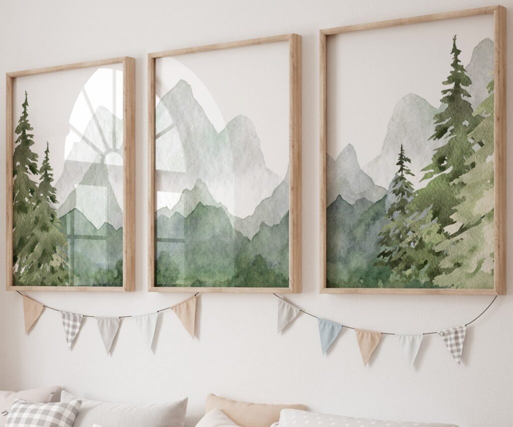 mountain, nursery wall art, tree nursery adventure nursery, forest, sage green,woodland animals set of 3