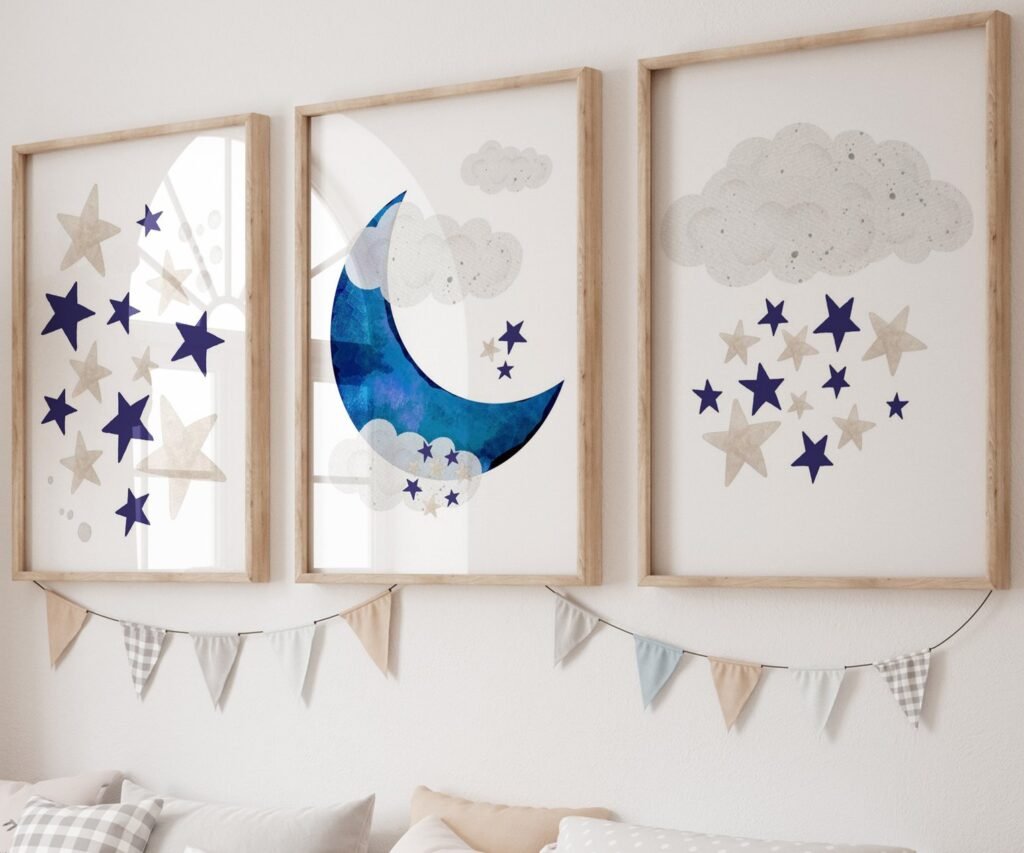 Navy nursery decor, boy nursery decor moon and stars, navy blue nursery, boy nursery wall decor set of 3