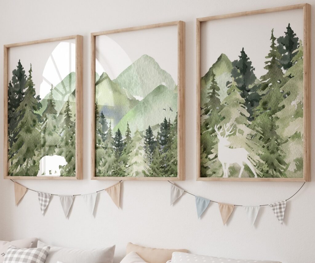 Woodland, mountain, tree nursery decor, adventure theme nursery, forest, sage green, woodland animals set of 3