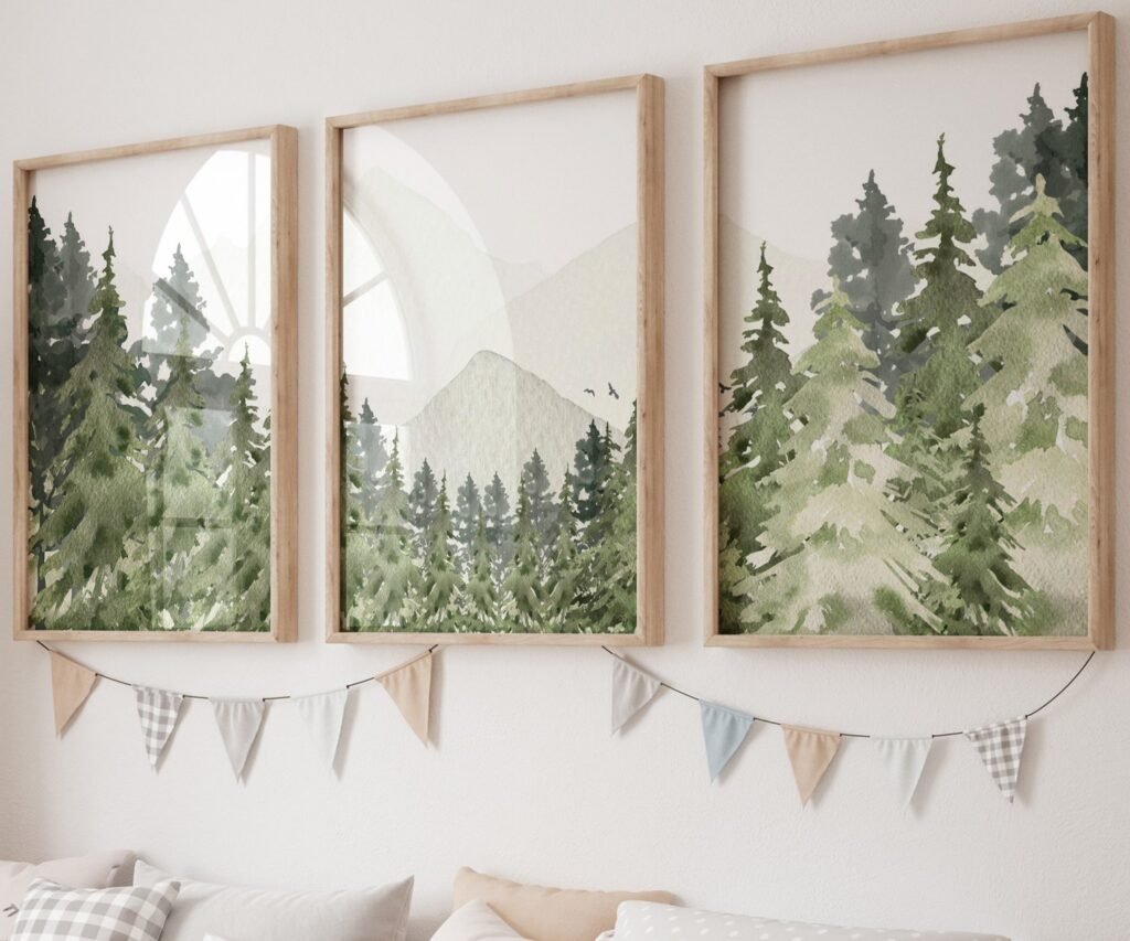 Mountain, woodland, sage green, adventure nursery forest nursery, tree set of 3