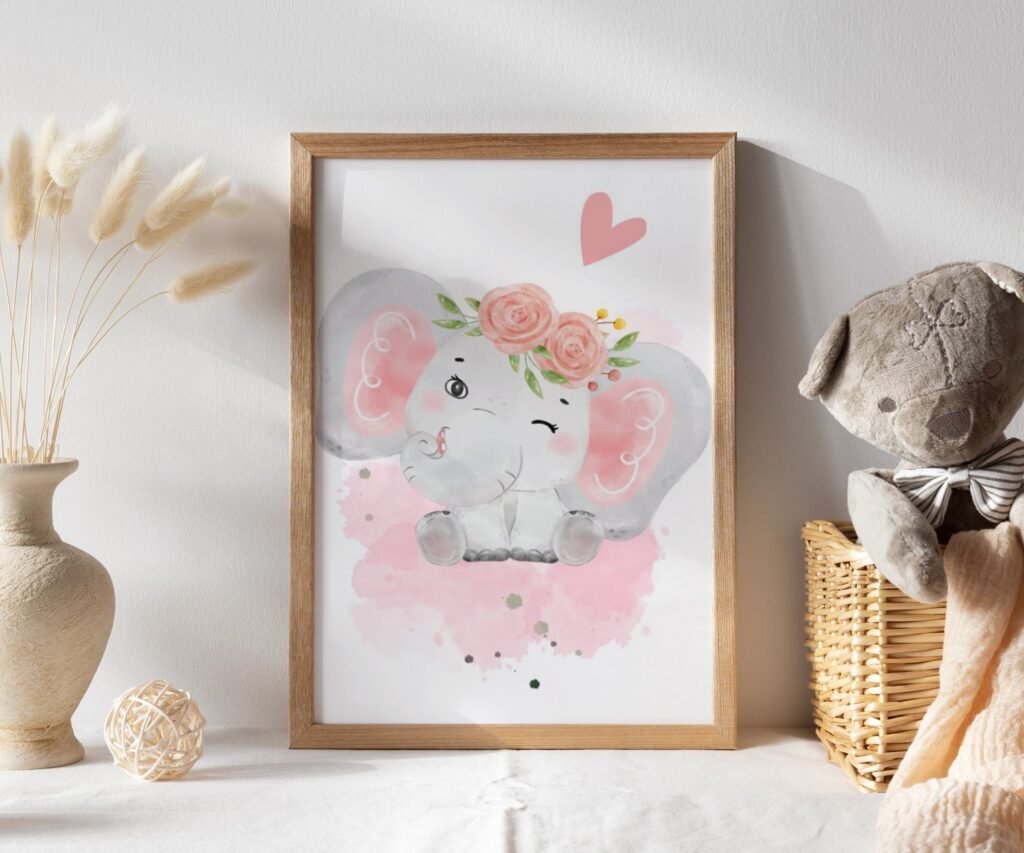 Pink Gray Girl Elephant nursery set of 1