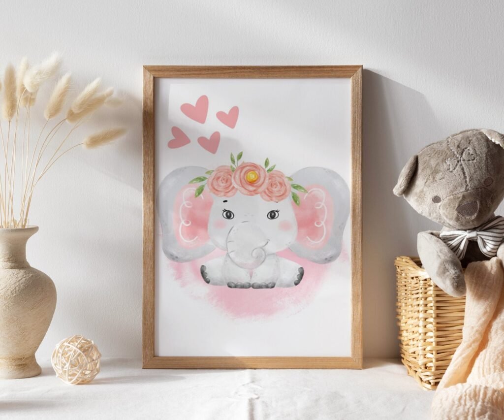 Pink Gray Girl Elephant nursery set of 1