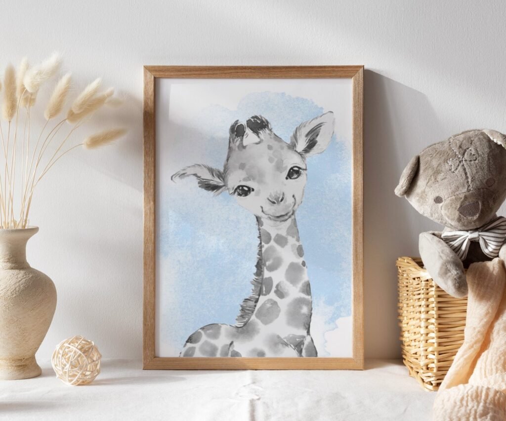Safari Animals Baby Boys set of 1 Unframed Poster Prints with Personalised Name, Nursery Decor, Boys Bedroom Decor Giraffe Elephant