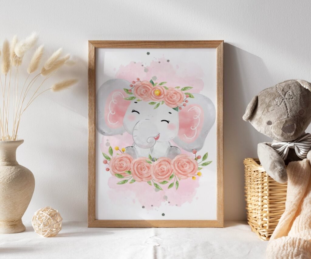 Pink Gray Girl Elephant nursery set of 1