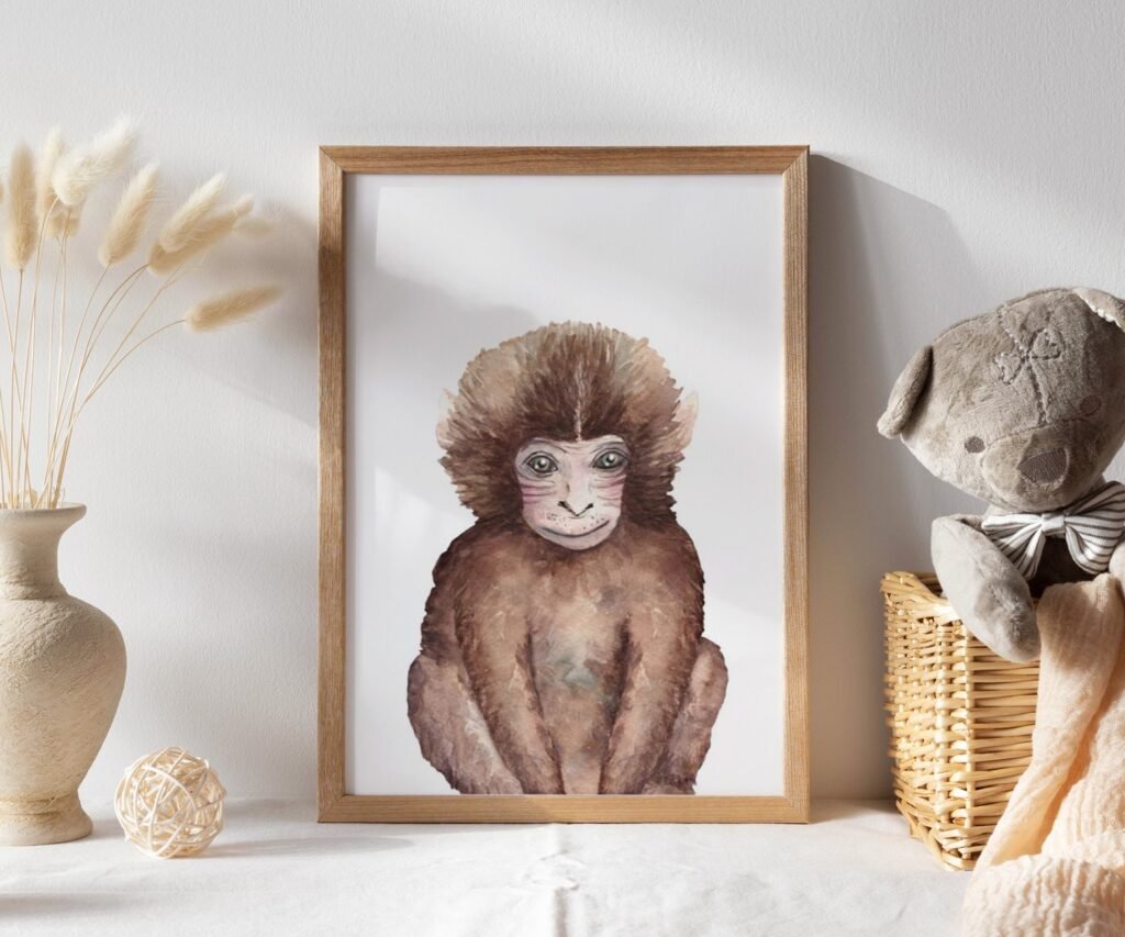 Lion tiger monkey giraffe elephant set of 1, Woodland Baby Animal Posters