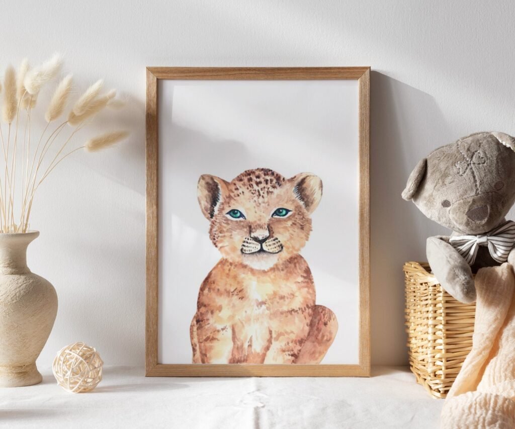 Lion tiger monkey giraffe elephant set of 1, Woodland Baby Animal Posters