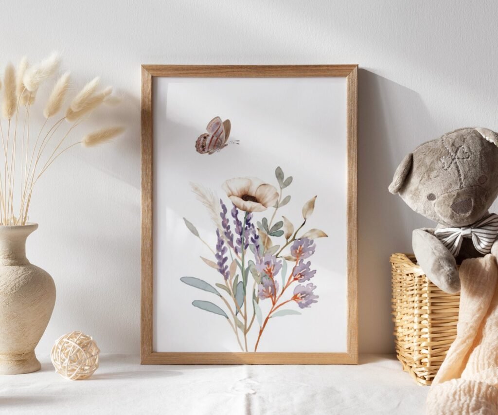 Floral Nursery Prints, wildflower butterfly boho Nursery Watercolor Flower Print set of 1