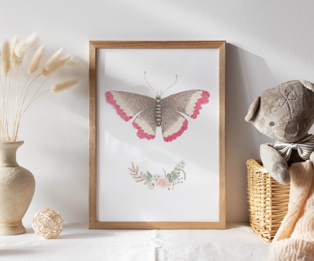 Boho butterflies, nursery printable art, Blush pink girls print, girl's room decor, vintage decor, boho girl's nursery, butterflies wall art set of 1