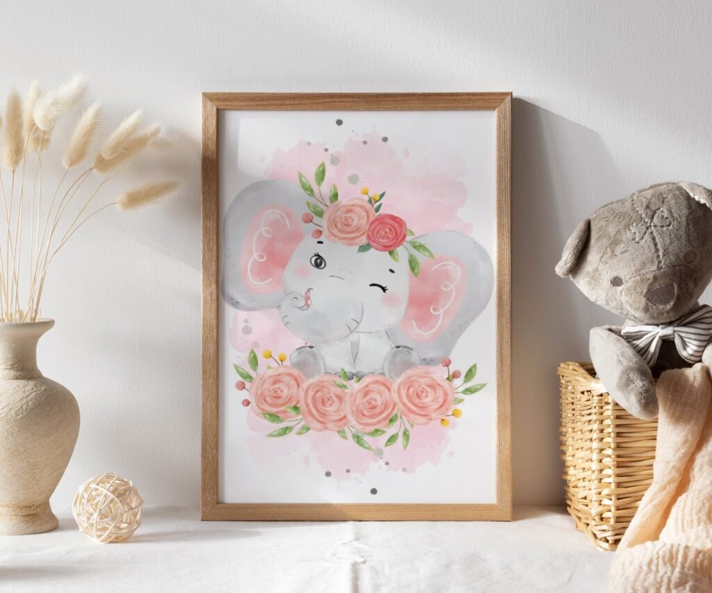 Pink Gray Girl Elephant nursery set of 1
