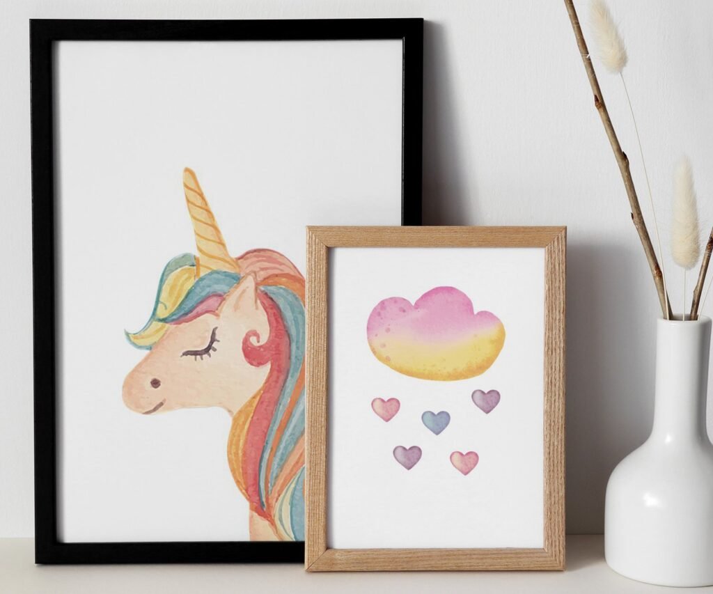 set of 2 Unicorn wall art set, Printable unicorn art, Girls room decor, Unicorn gold glitter, Unicorn prints,cloud rainbow
