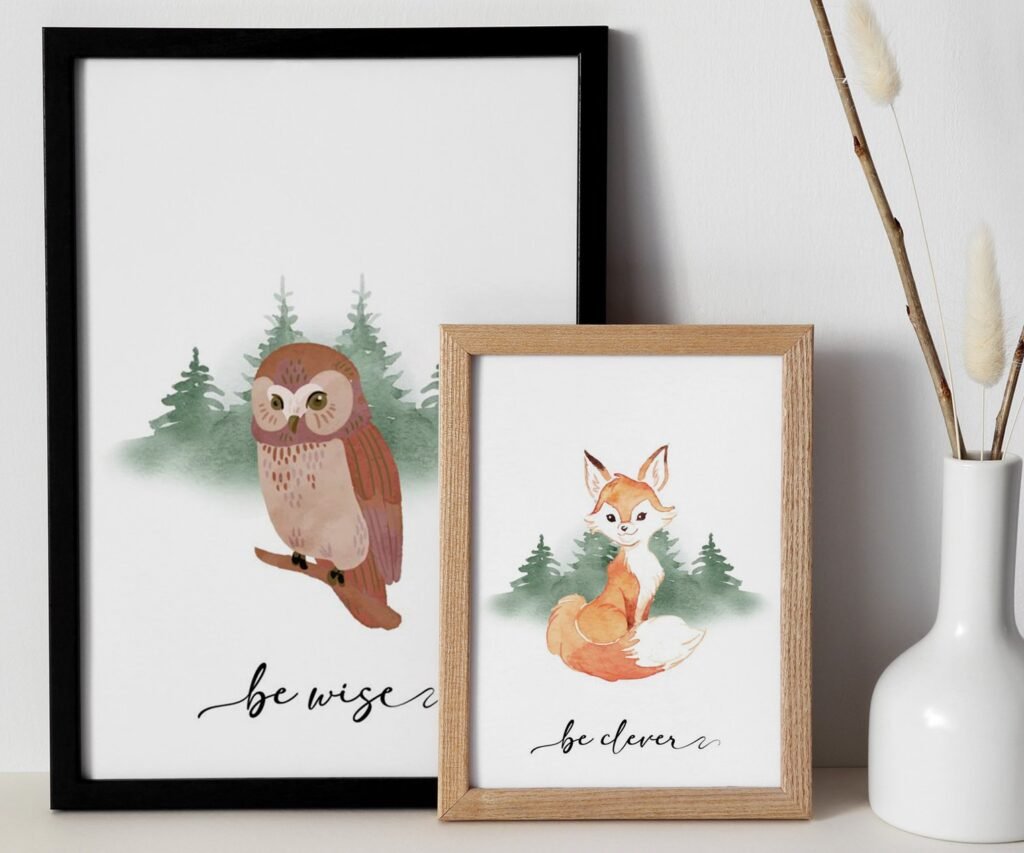 Bear, Fox, owl, rabbit Woodland Nursery Prints, Woodland Nursery Decor, Forest set of 2