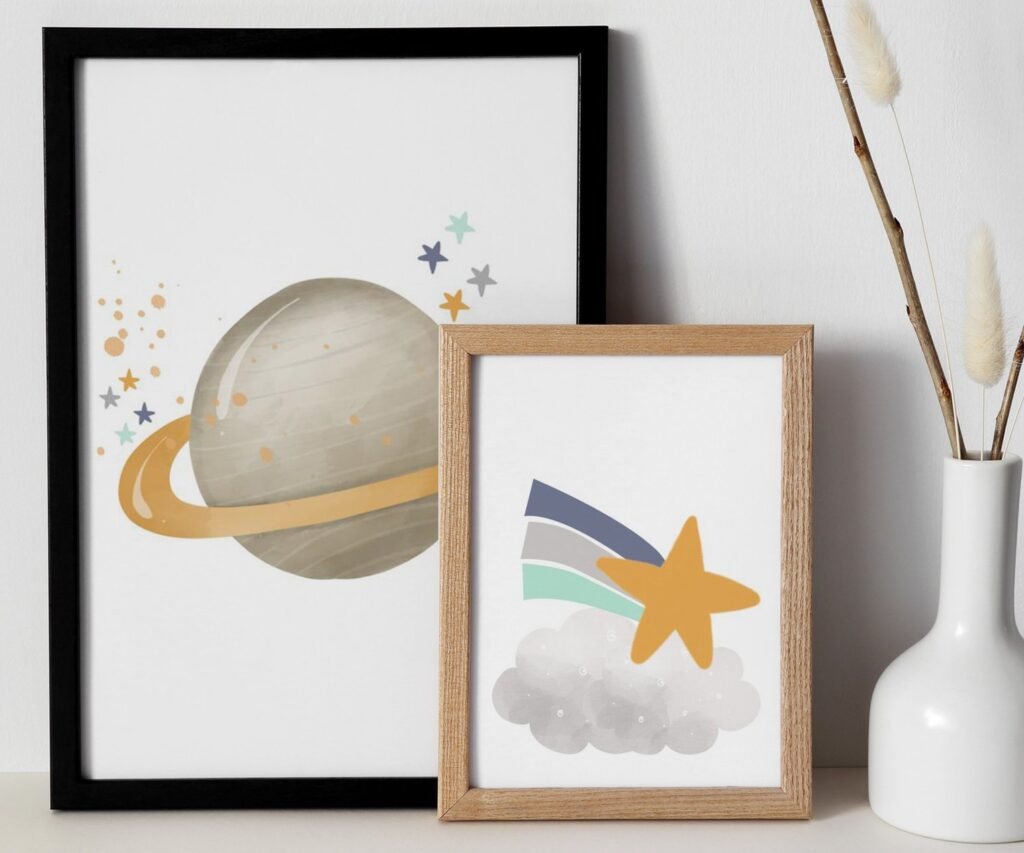 Neutral nursery print set, Space, Earthy tones, planet set of 2