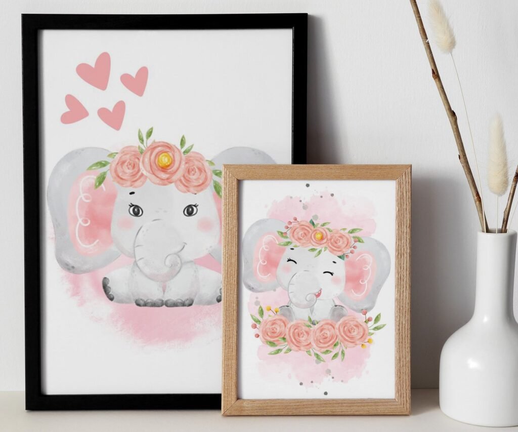 Pink Gray Girl Elephant nursery set of 2